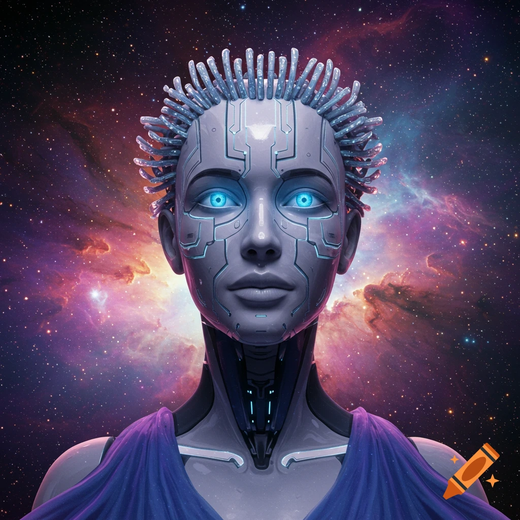 A cyborg with glowing blue eyes against a space nebula background.