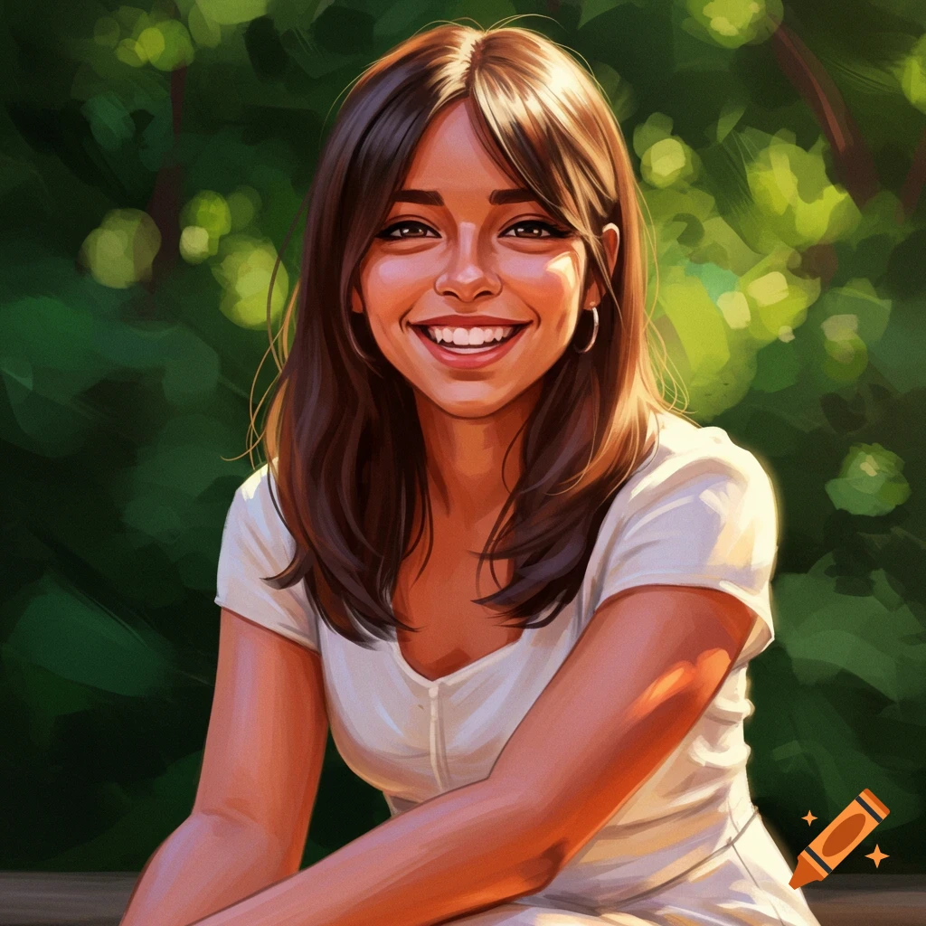 A smiling woman with long brown hair is outdoors.