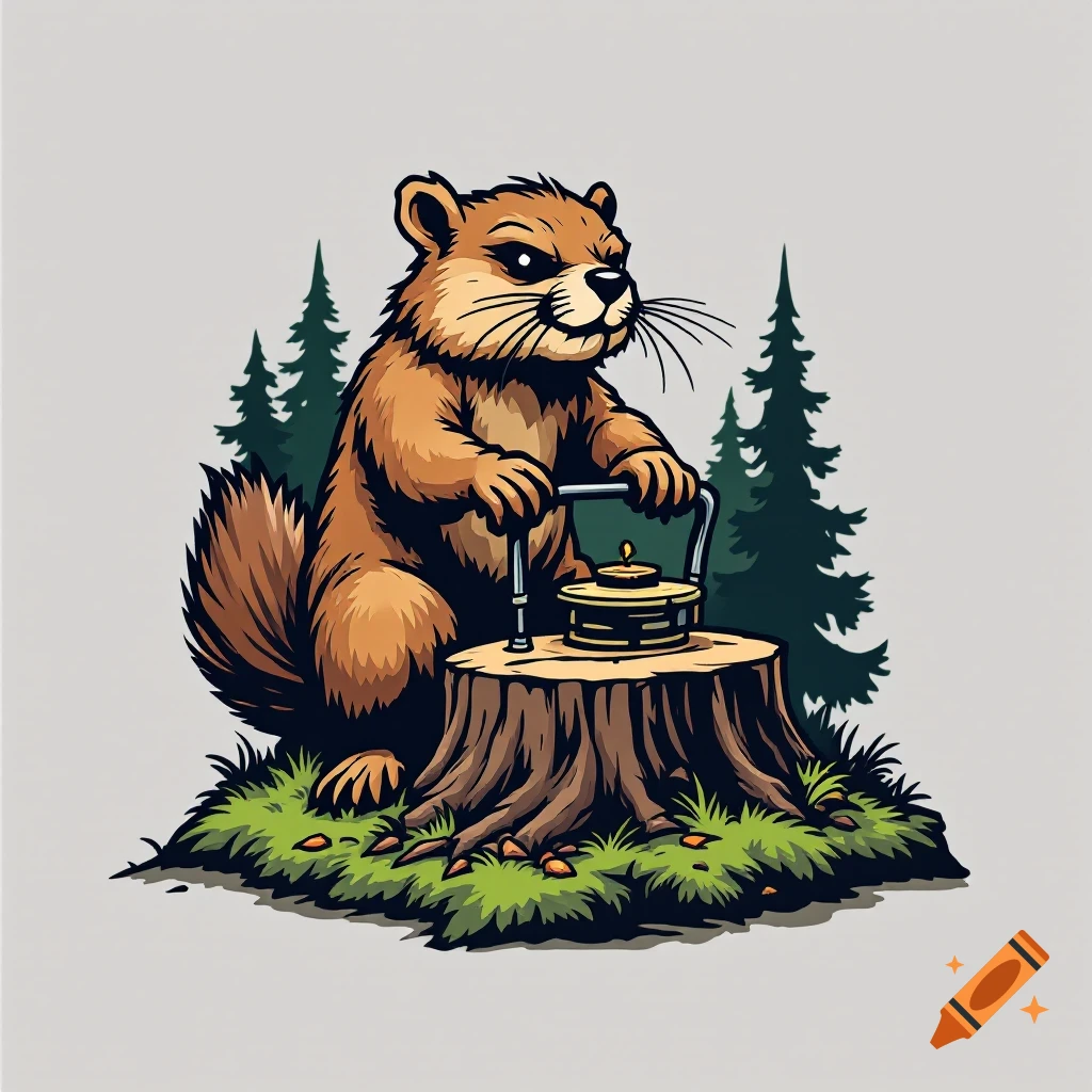 Cartoon beaver operating a stump grinder on a tree stump in a forest.