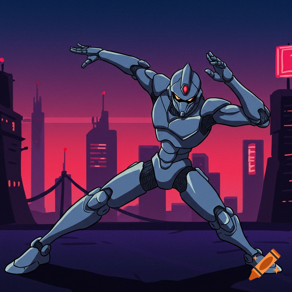 A metallic robot in a dynamic pose against a retro anime-style futuristic city skyline at sunset.