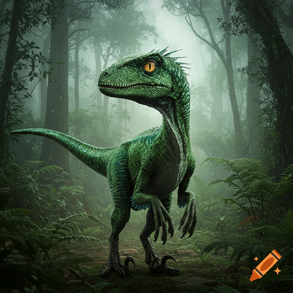 A green raptor dinosaur stands in a misty forest.