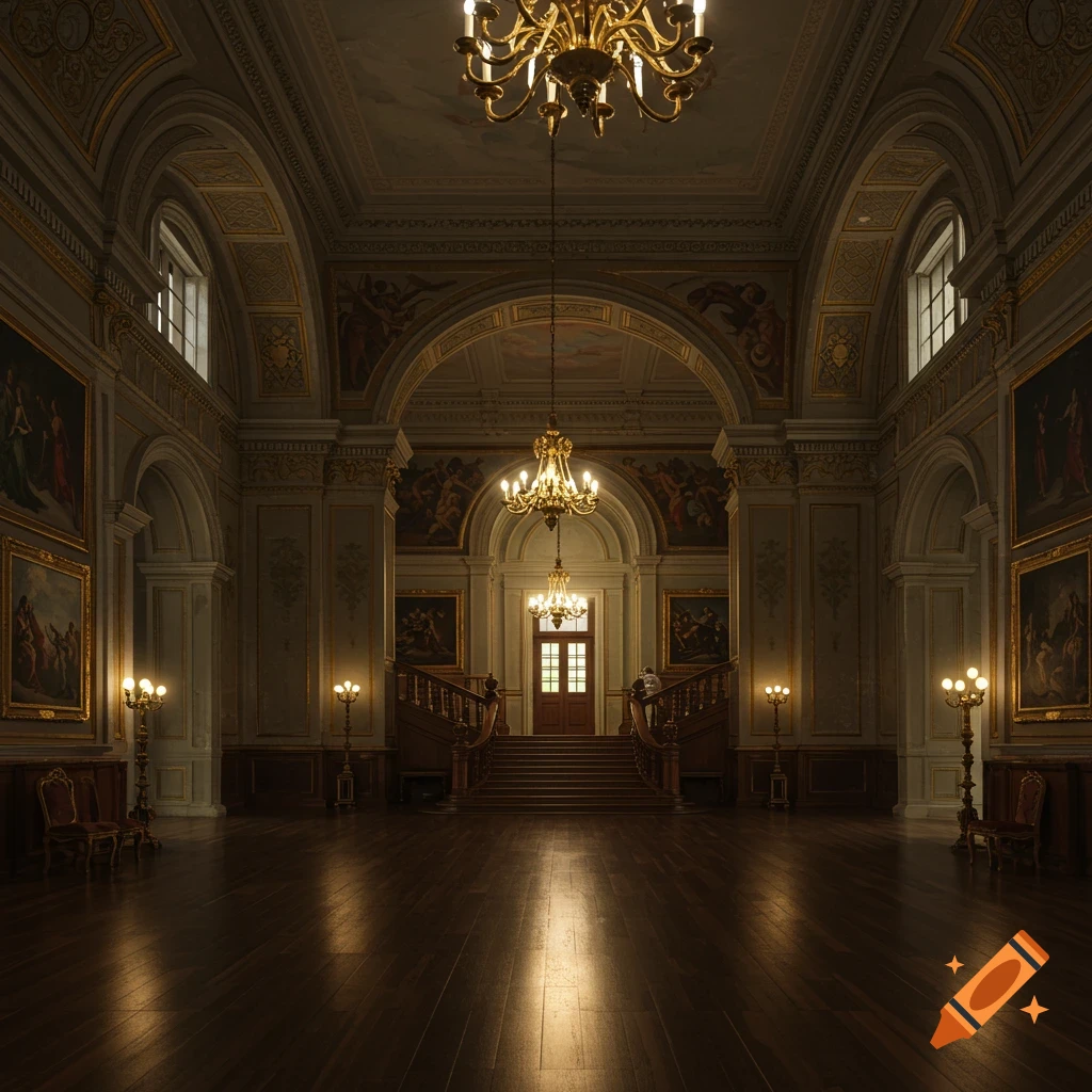A grand, classical hall with chandeliers, paintings, and a wide staircase leading to a doorway.