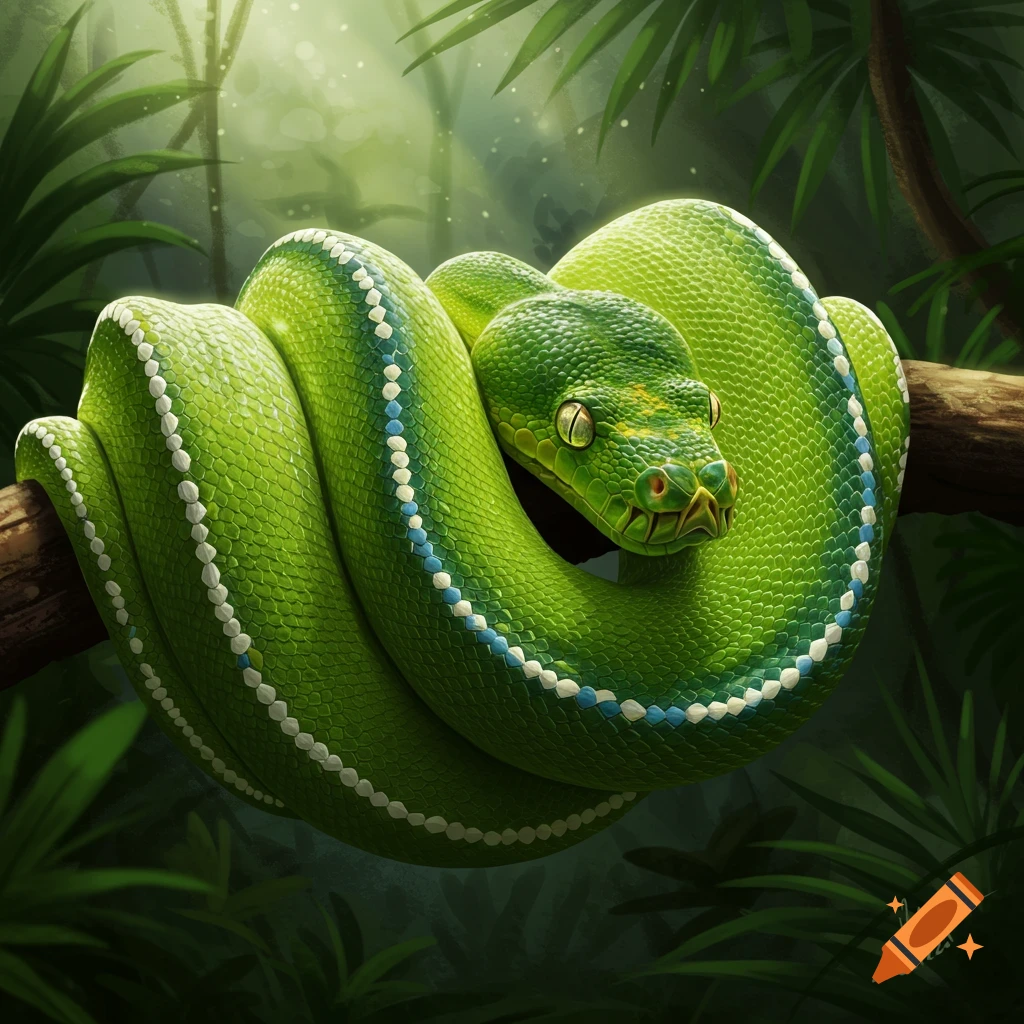 A vibrant green snake with blue and white markings coiled on a branch in a lush jungle.