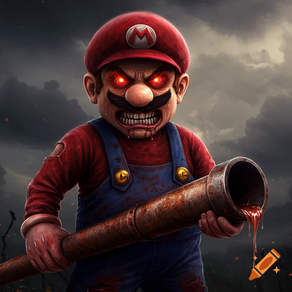 A vengeful Mario with glowing red eyes, sharp teeth, blood, and ripped clothes holds a bloody pipe under a stormy sky.