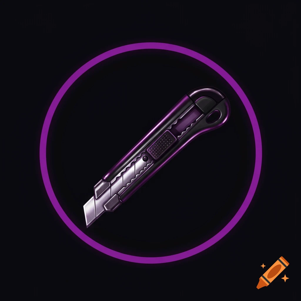 A purple and black box cutter inside a purple circle on a black background