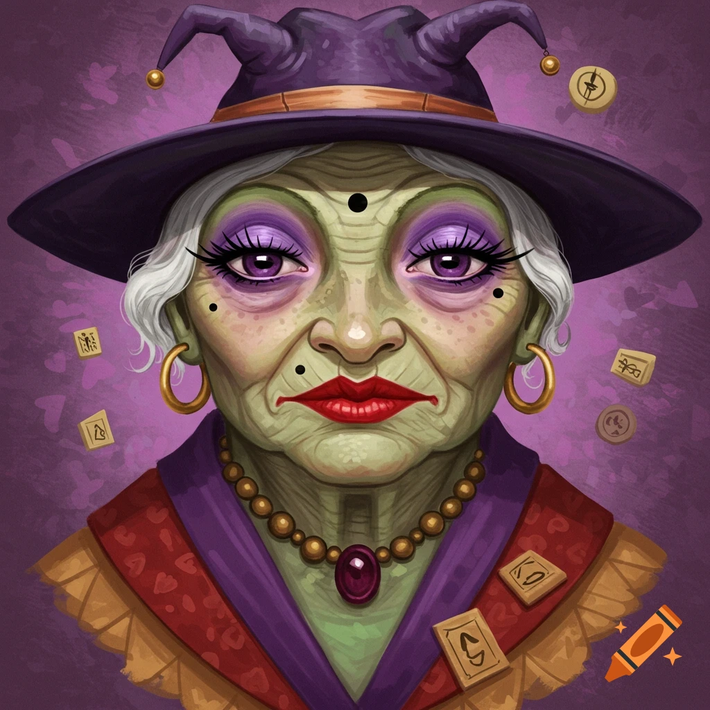 A portrait of an old frog woman fortune teller with purple eyeshadow, red lipstick, and a pointed hat.