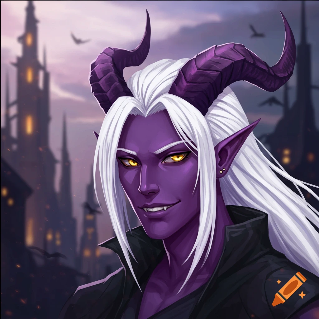 Portrait of a male tiefling with purple skin, white hair, yellow eyes, and purple horns in an anime style, against a dark building background.