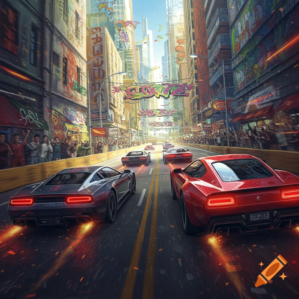 Race cars speeding down a street in a city with spectators and graffiti.