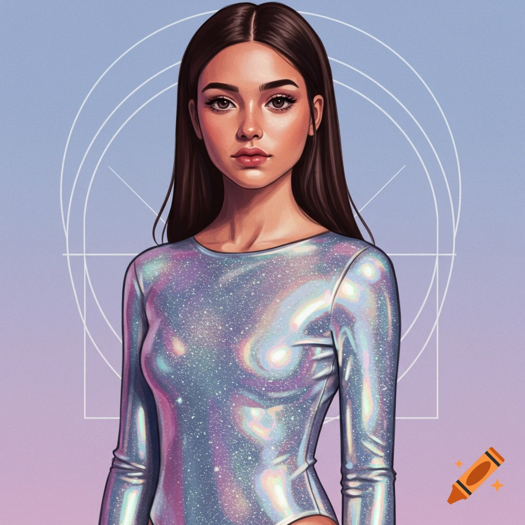 A young woman in a metallic leotard with a geometric background.