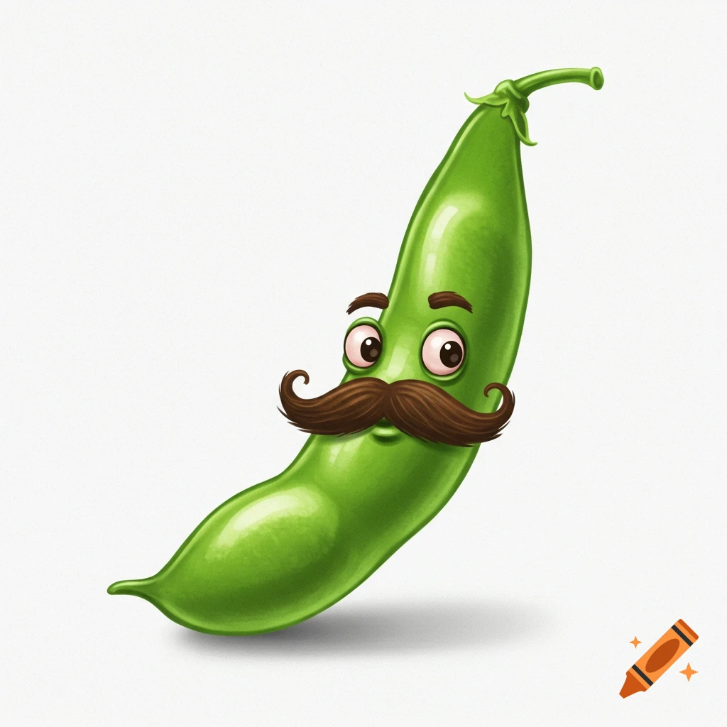 A cartoon string bean character with eyes and a mustache.