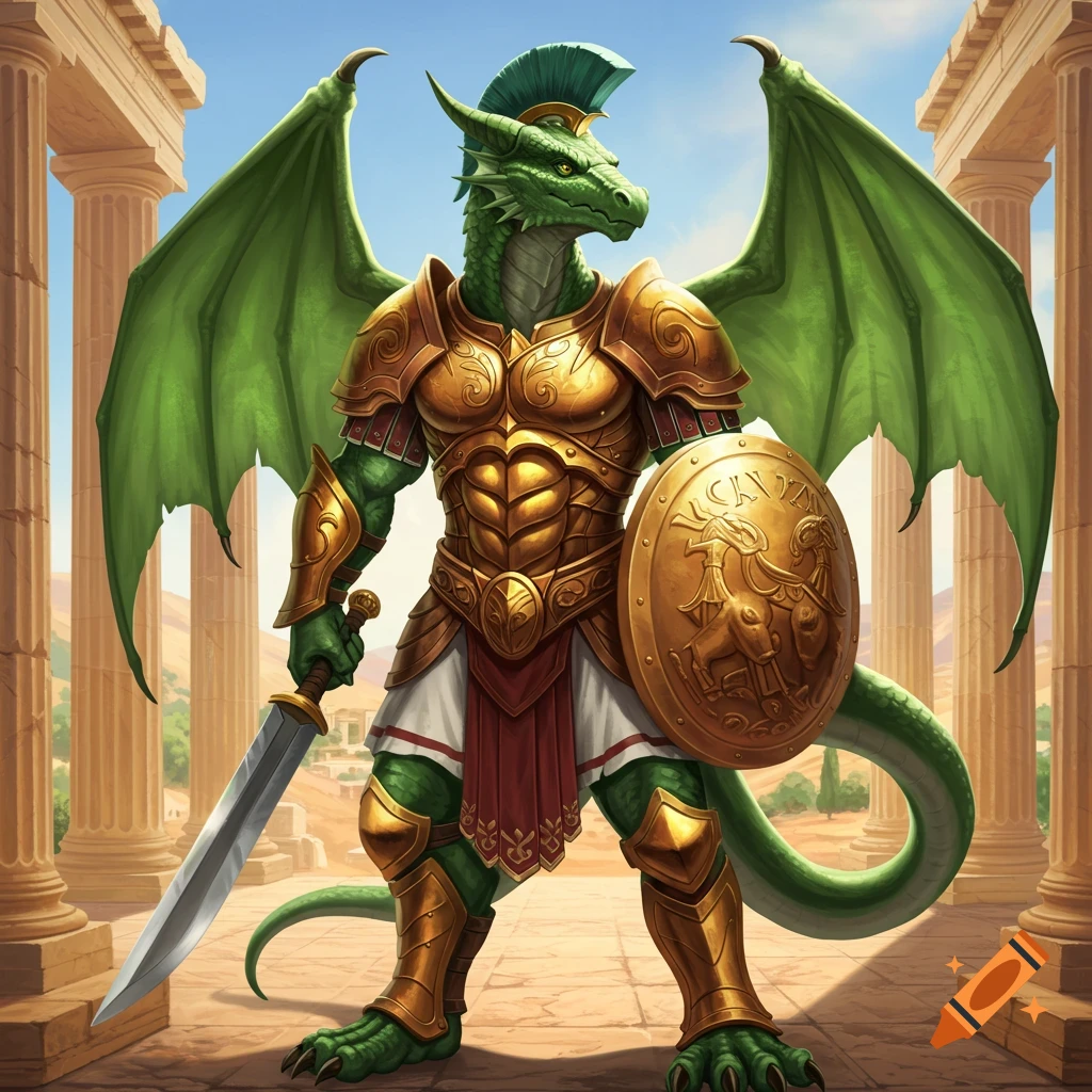 An anthropomorphic green dragon in golden Greek armor with sword and shield standing among pillars.