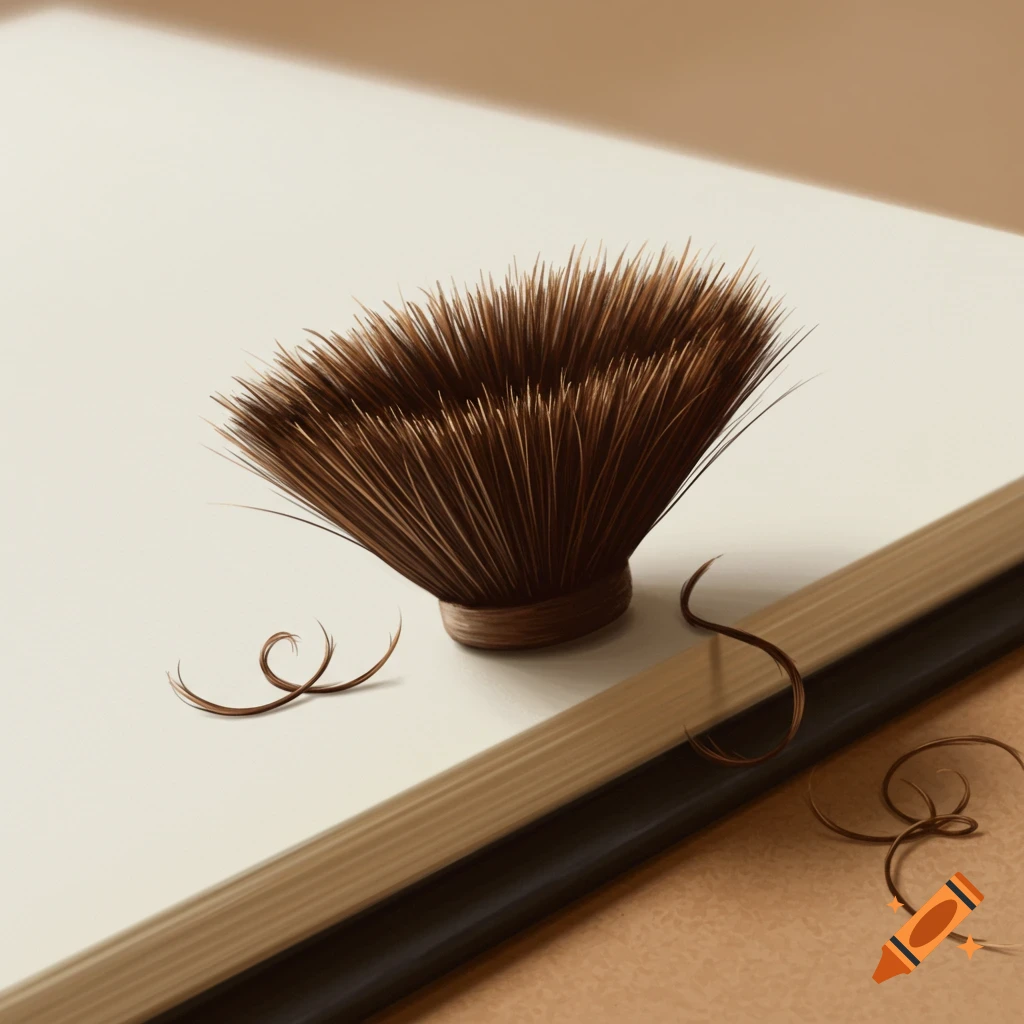A scribe brush head and loose strands on a light surface next to a book binding.