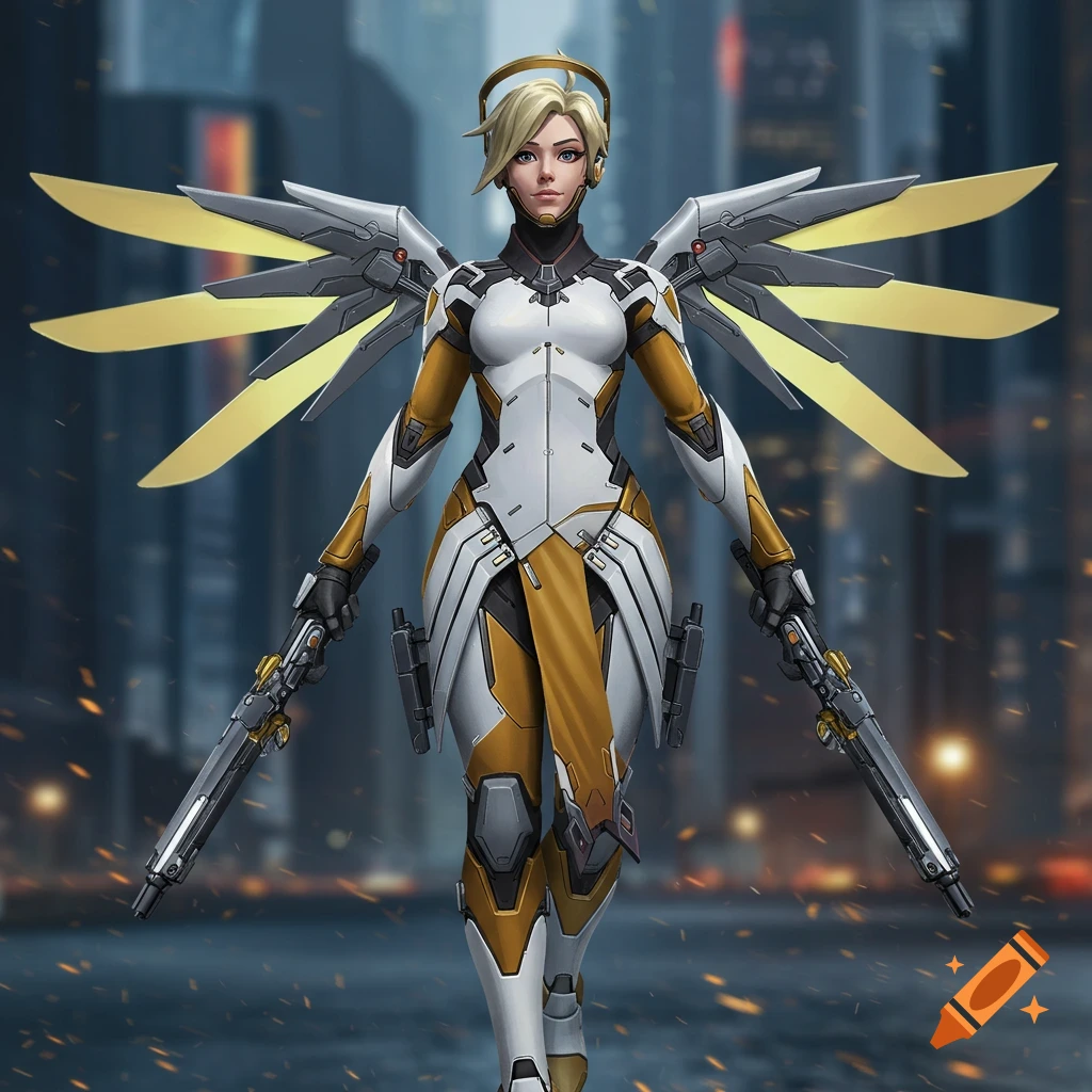 Mercy from Overwatch in a custom white and gold armored suit with wings stands in a cityscape.