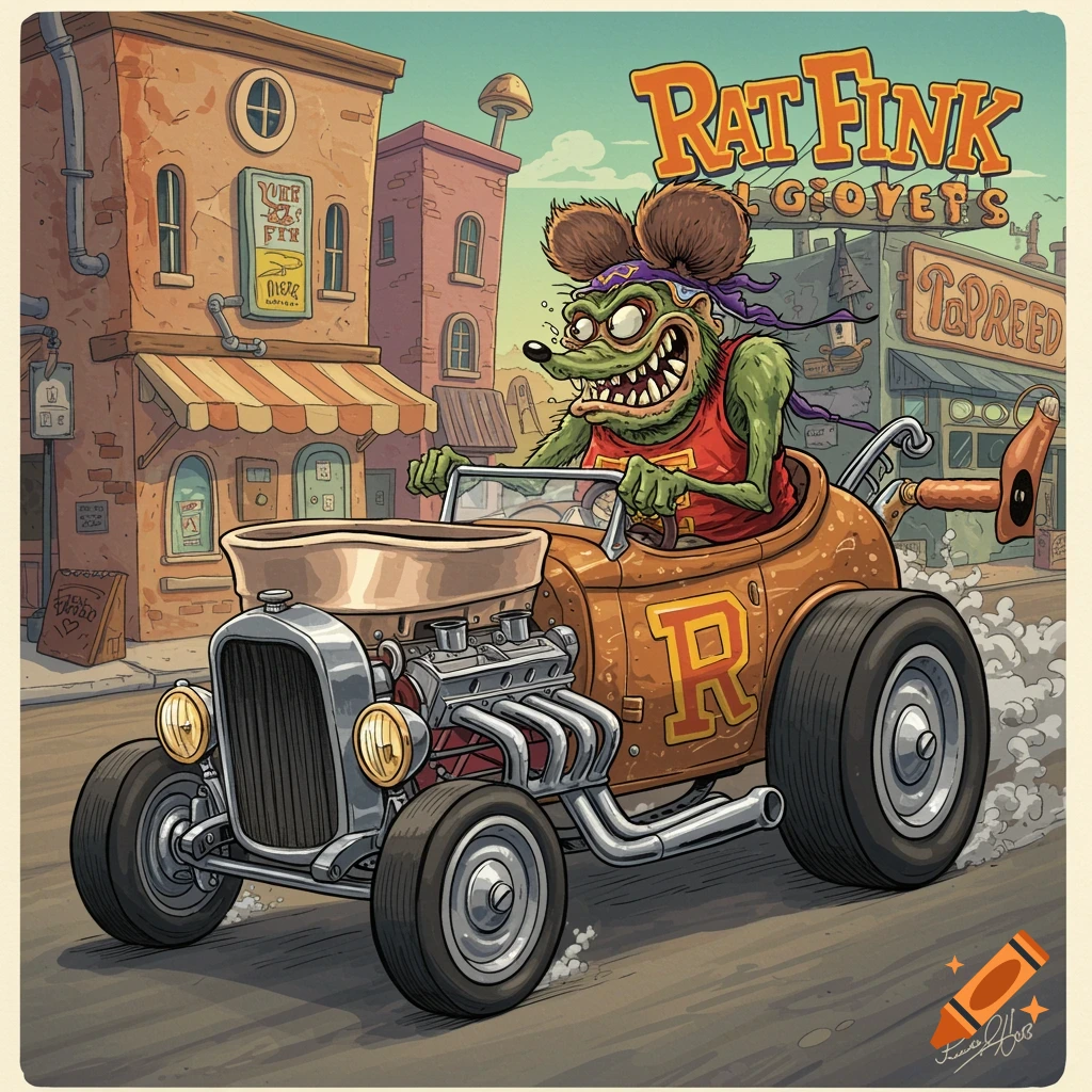 Stylized cartoon illustration of Rat Fink driving a hot rod styled like a meat grinder through a streetscape.