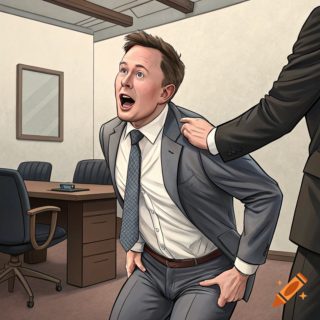 Illustration of a man resembling Elon Musk with a surprised expression getting a wedgie in an office.