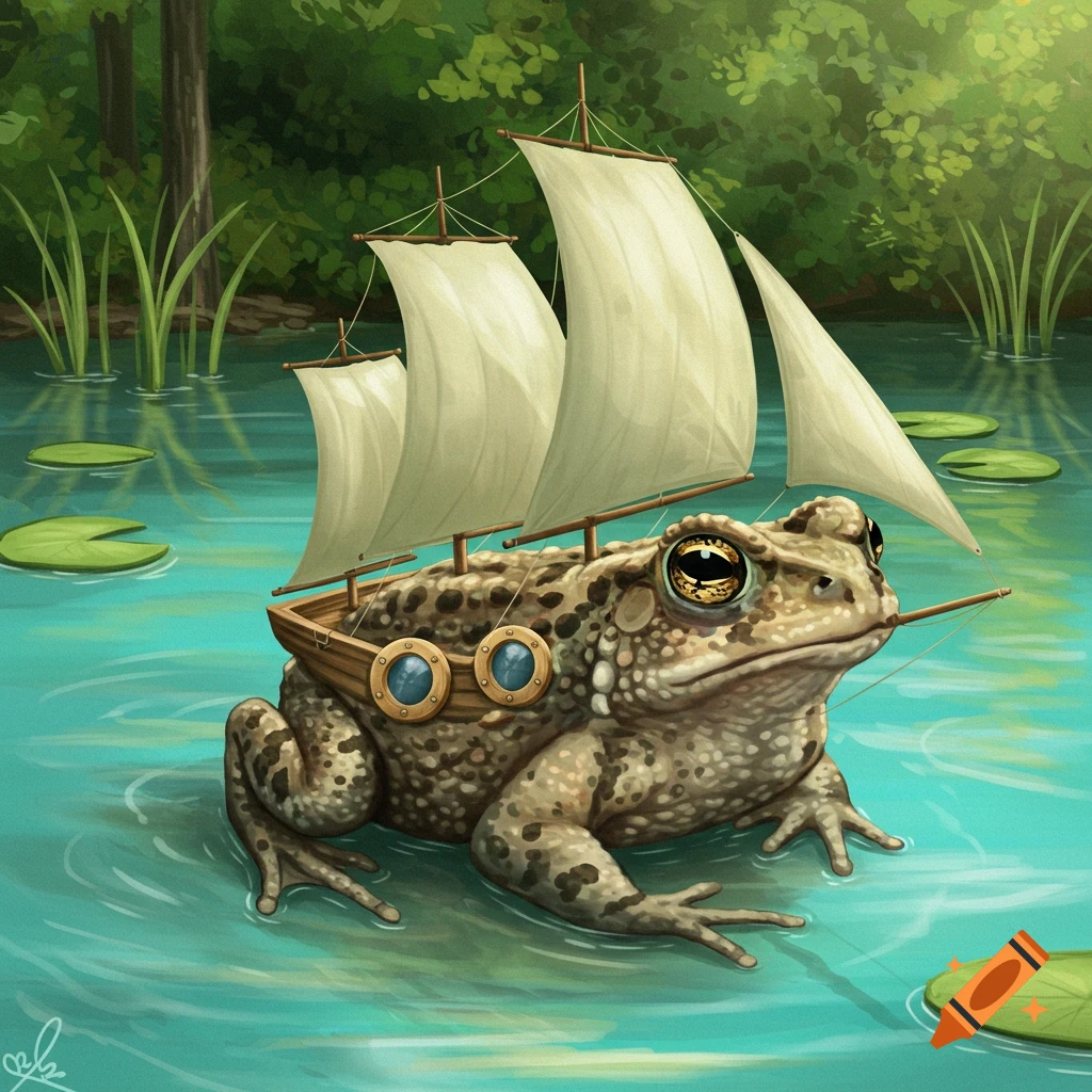 A toad with a small sailboat on its back floats on a pond with lily pads.