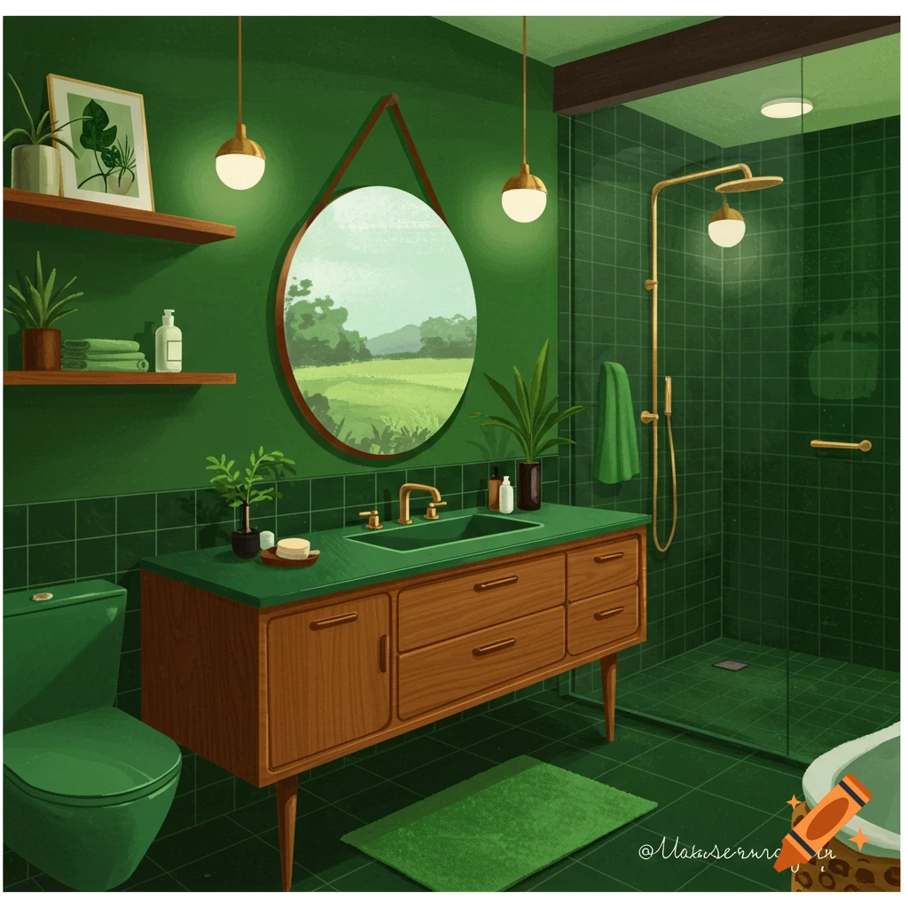 Green mid-century modern bathroom.