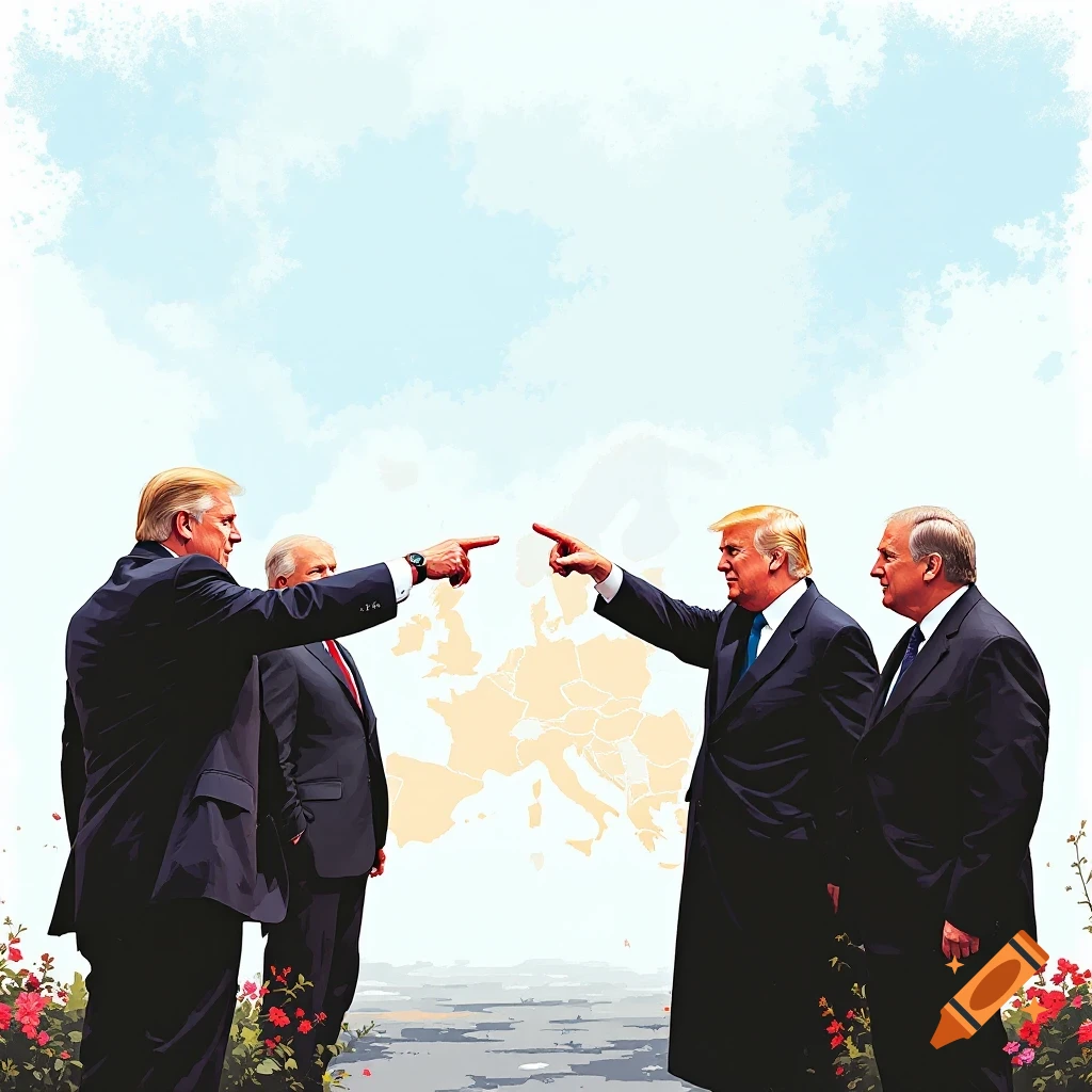 Illustration of political leaders pointing at each other in front of a map of Europe