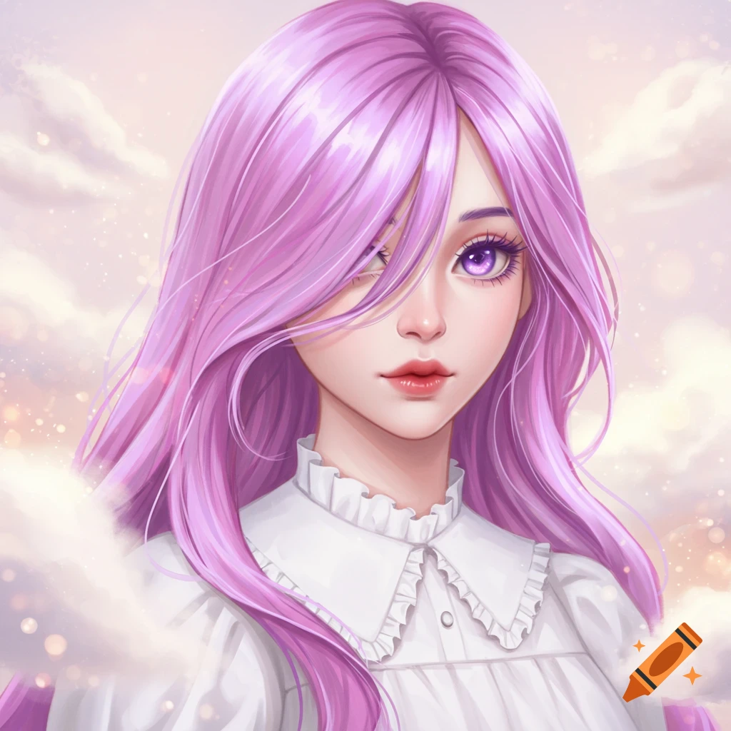 Anime portrait of a girl with long purple hair and purple eyes in a white ruffled shirt, surrounded by clouds.