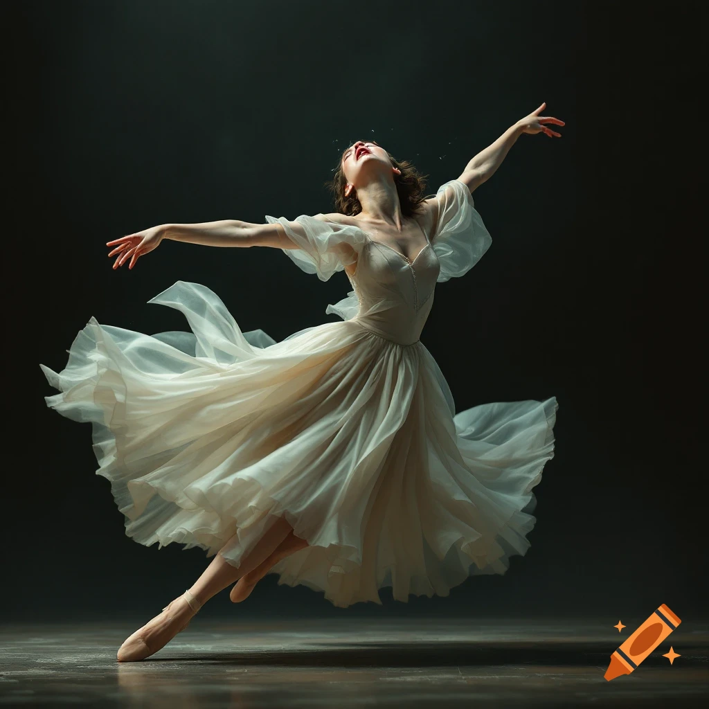 Female ballet dancer leaps in a flowing dress against a dark background.