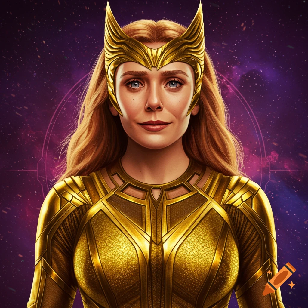 A woman in a golden superhero suit and headpiece against a starry background.