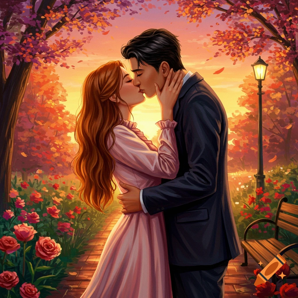 A couple kissing in a park at sunset.
