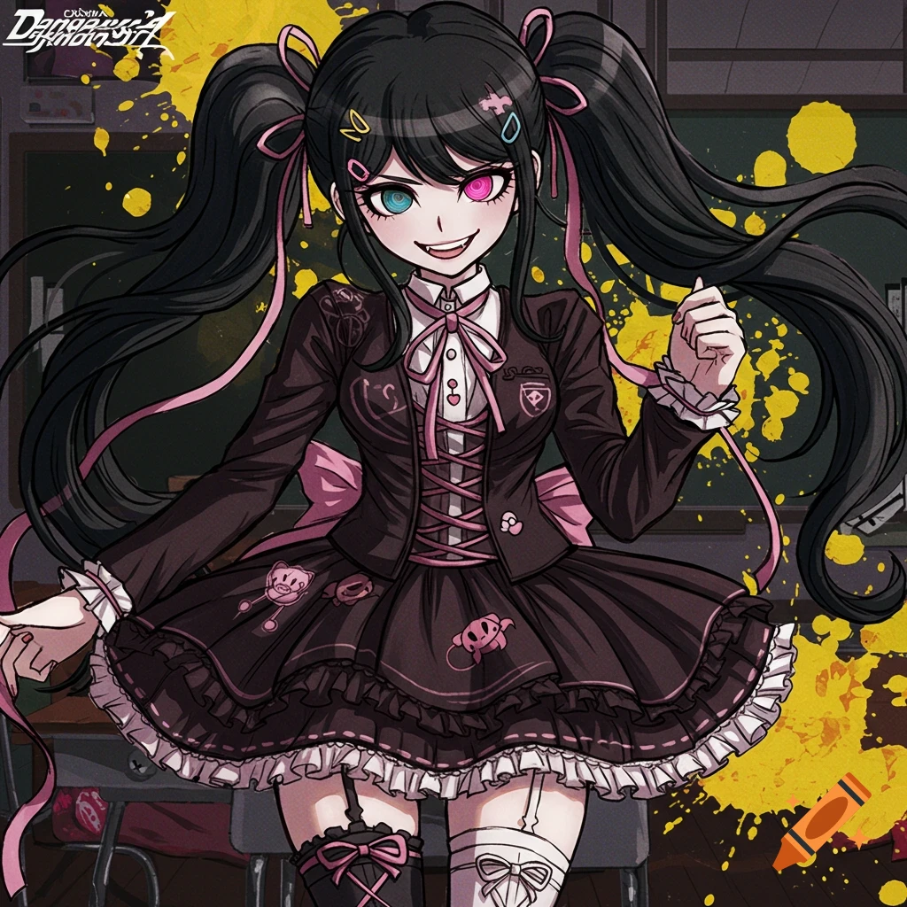 Anime girl with pigtails and heterochromia wearing a dark uniform in front of a splattered background