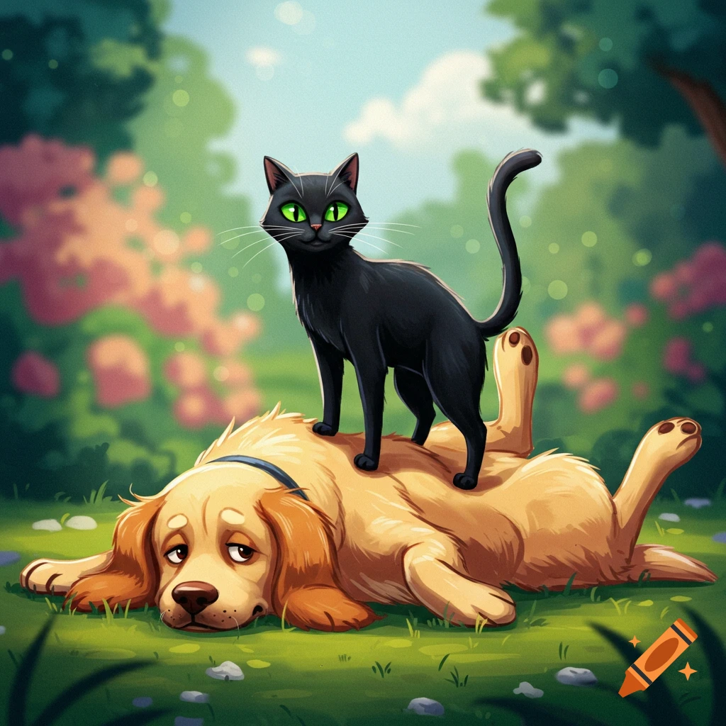 A triumphant black cat stands on the back of a sad-looking golden retriever in a garden.