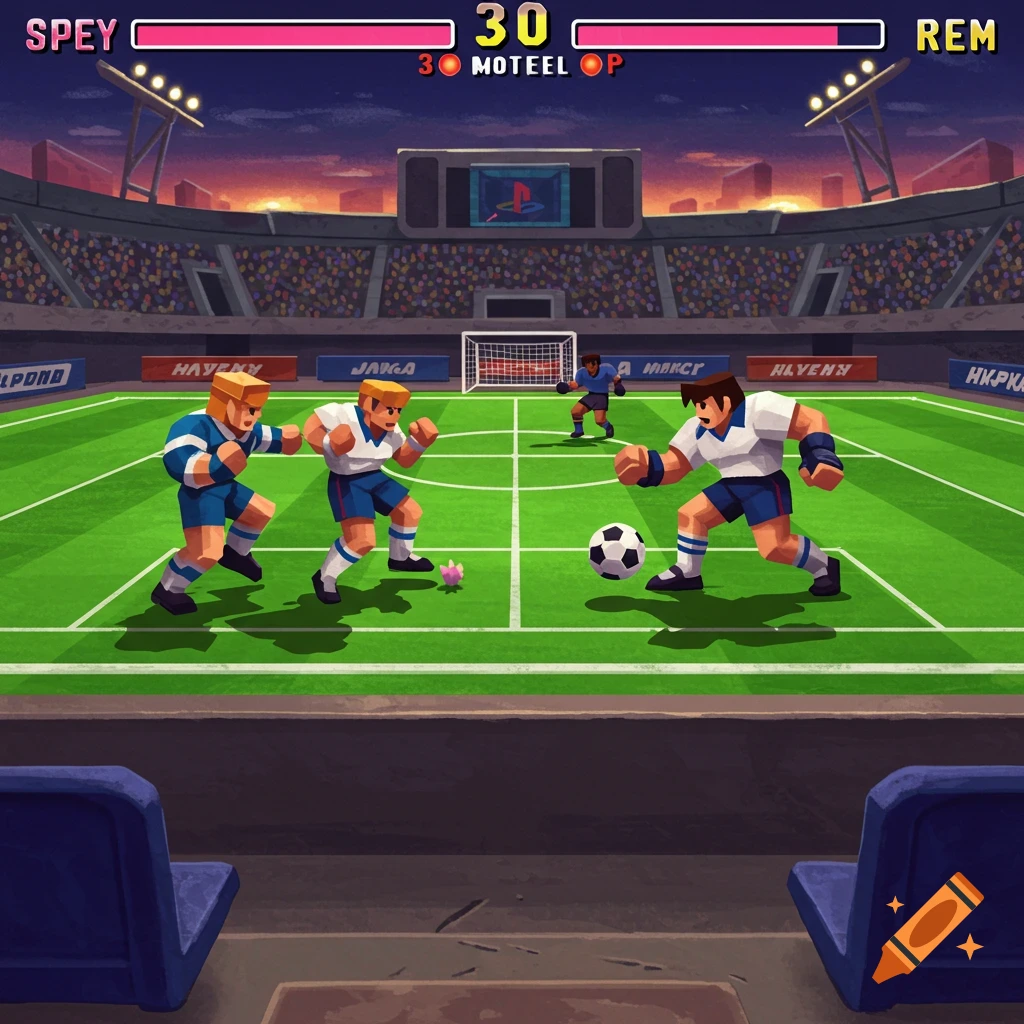 Retro style soccer video game scene with blocky characters.