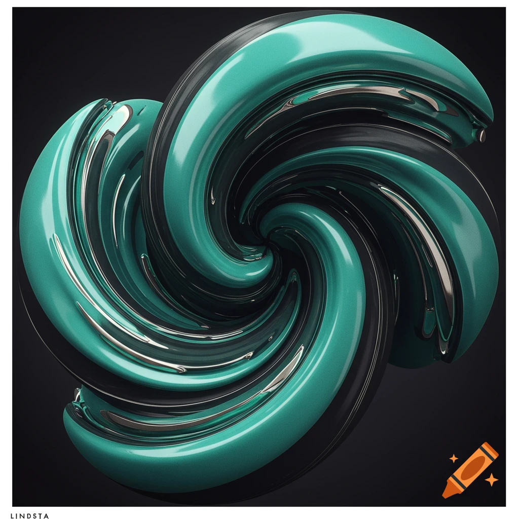 Abstract 3D swirl of metallic teal and matte black with iridescent silver highlights.