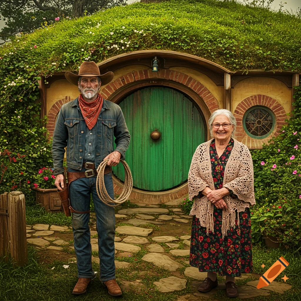 A cowboy and an older woman stand in front of a hobbit hole.