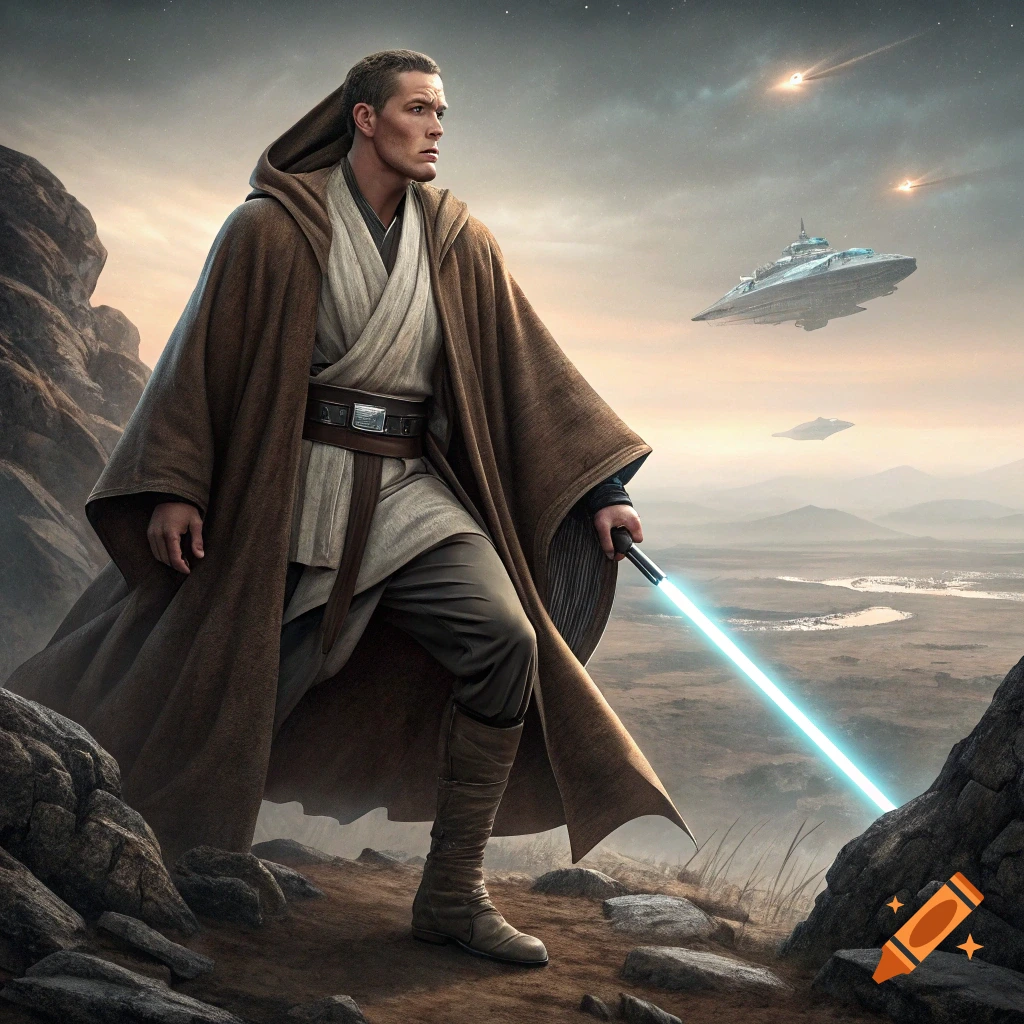 A character resembling a Jedi stands on a rocky hill holding a lightsaber, overlooking a valley with spaceships.