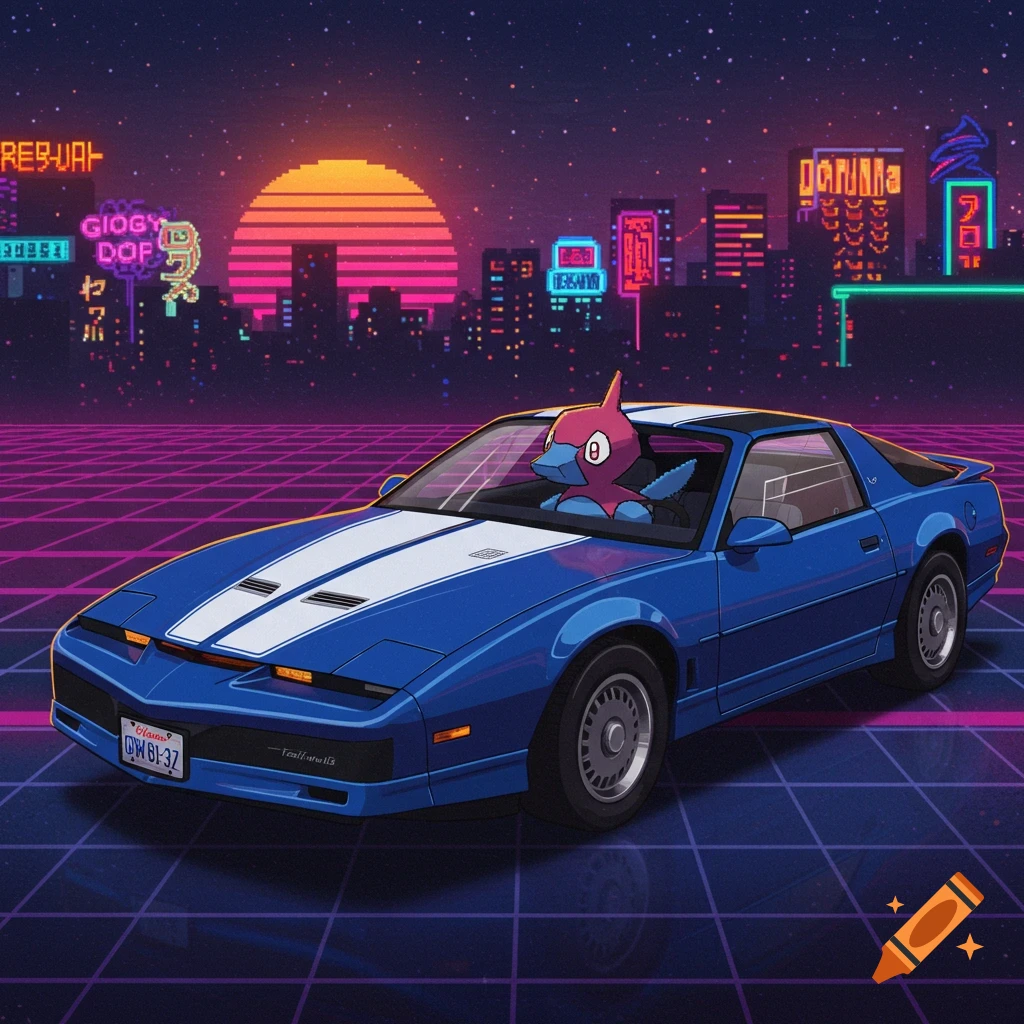 Porygon in a blue car in a neon synthwave city.