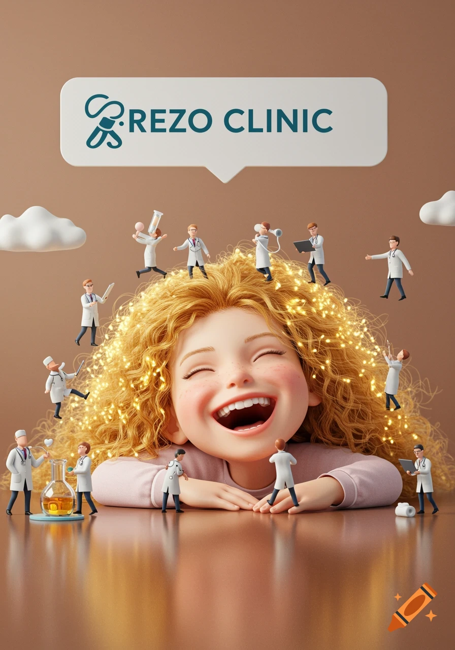 Whimsical 3D render of a smiling girl with many tiny doctors and a speech bubble reading 'AREZO CLINIC'