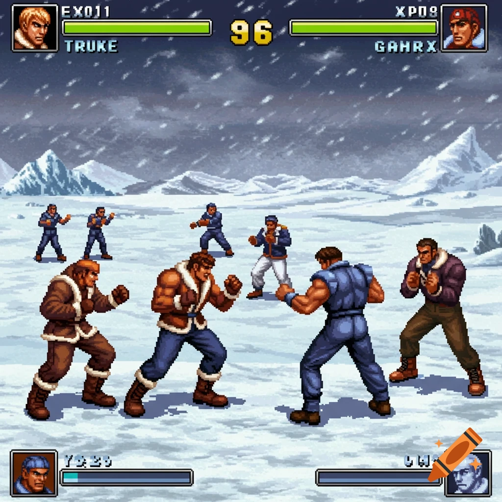 Pixel art fighting game scene with multiple characters in a snowy outdoor arena.