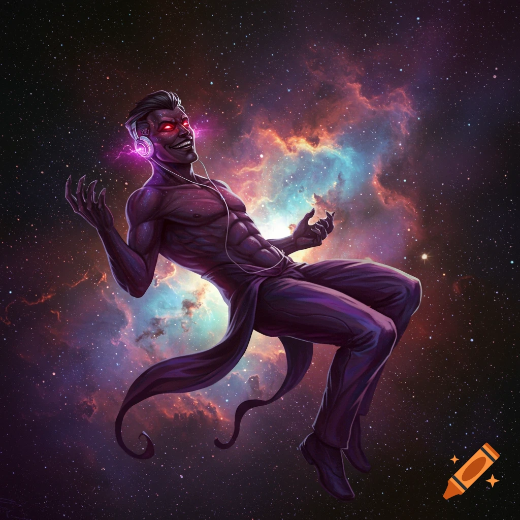 An evil figure with red eyes and headphones floats in a nebula-filled space.