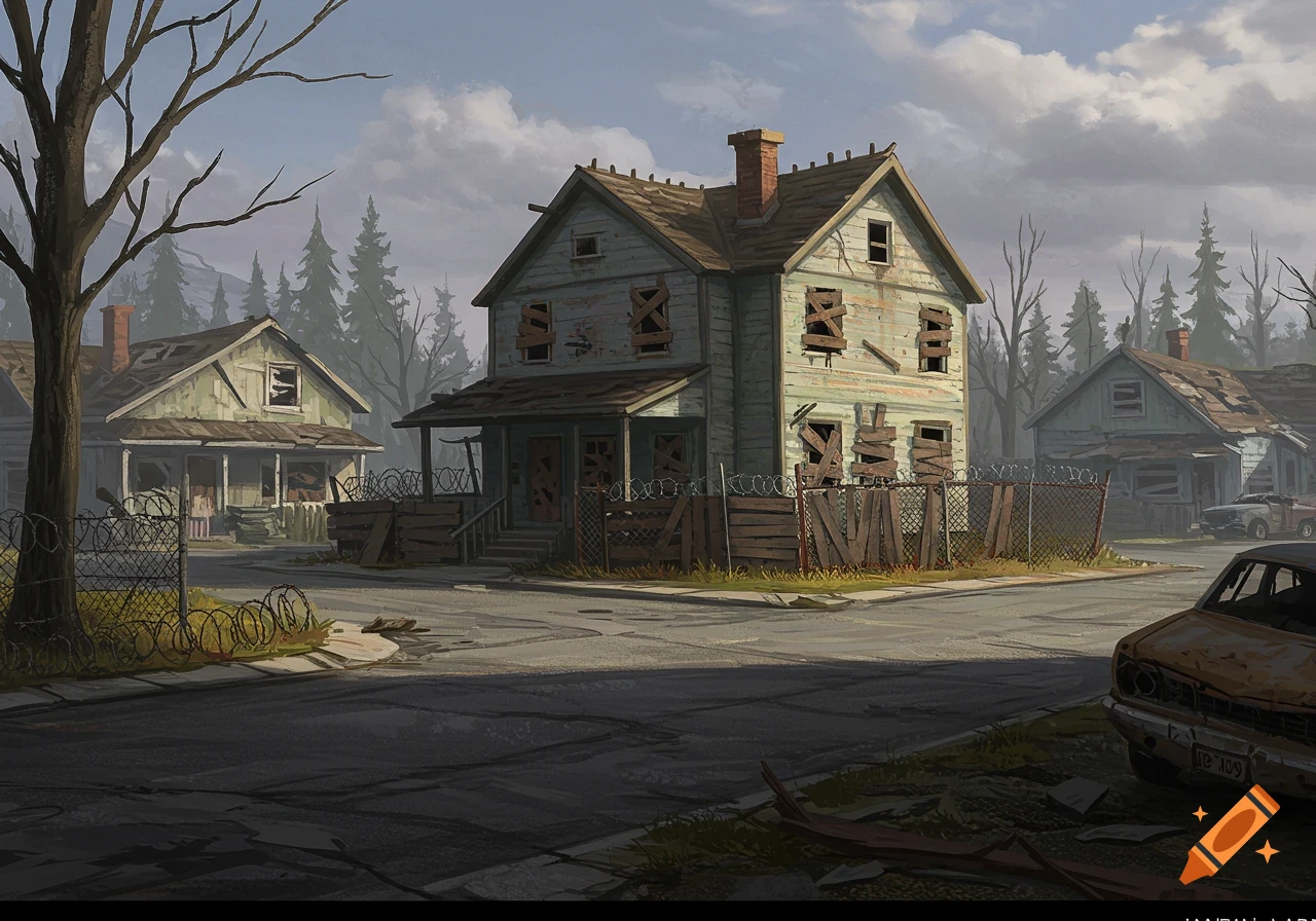 A post-apocalyptic suburban street with damaged houses and a car