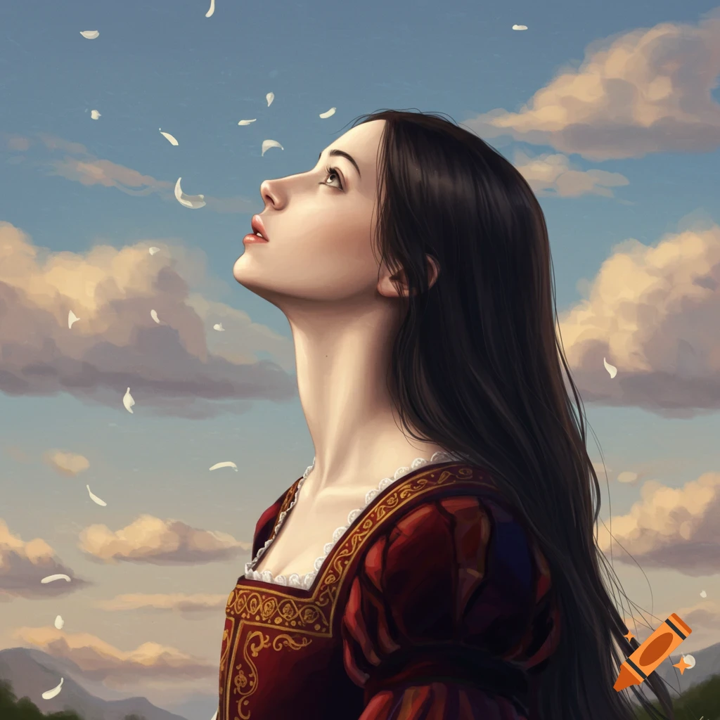 A woman in a renaissance dress looking up at falling white petals against a cloudy sky.
