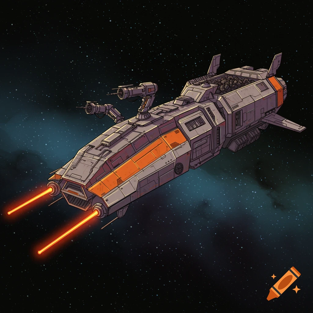 Detailed illustration of a futuristic asteroid mining spaceship with lasers in space against a nebula.