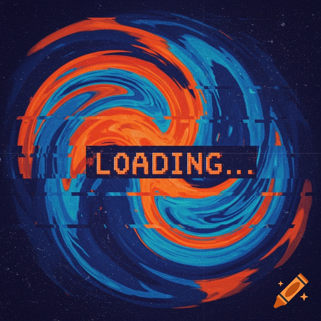 Abstract digital art with swirling orange and blue colors and a black bar displaying pixelated text 'LOADING...'
