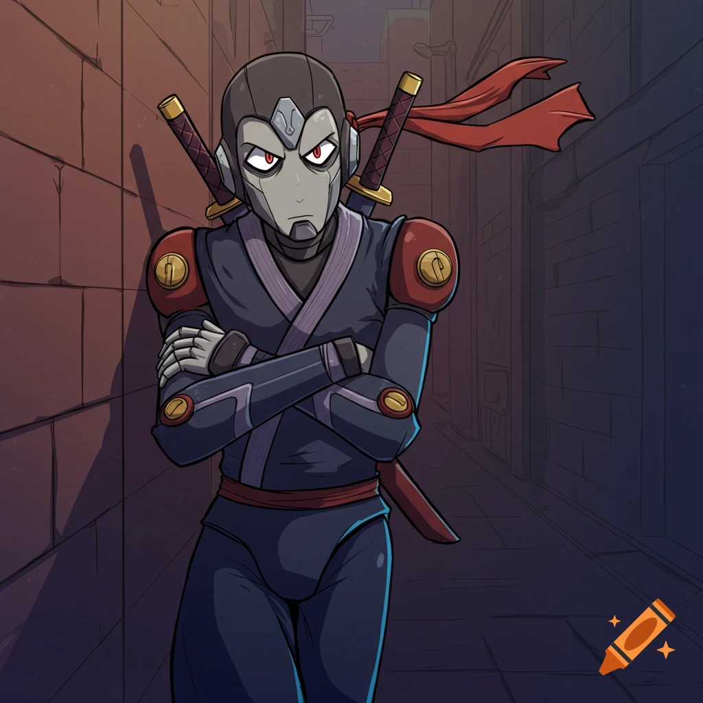 A cartoon robot ninja with arms crossed leans against a wall in an alley.