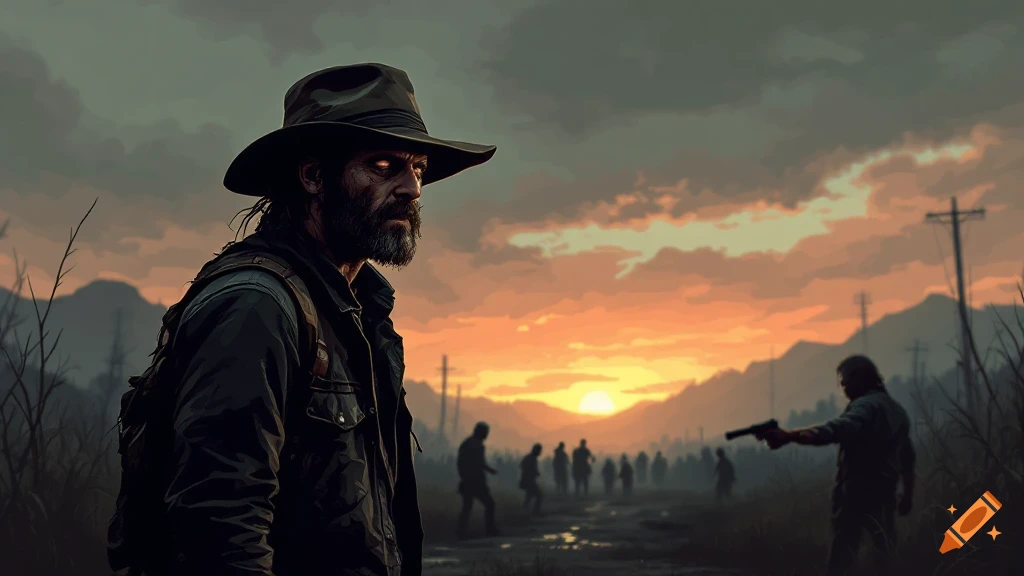 Illustrative art of a man in a hat with glowing eyes in a post-apocalyptic sunset scene with silhouetted figures and a gun.