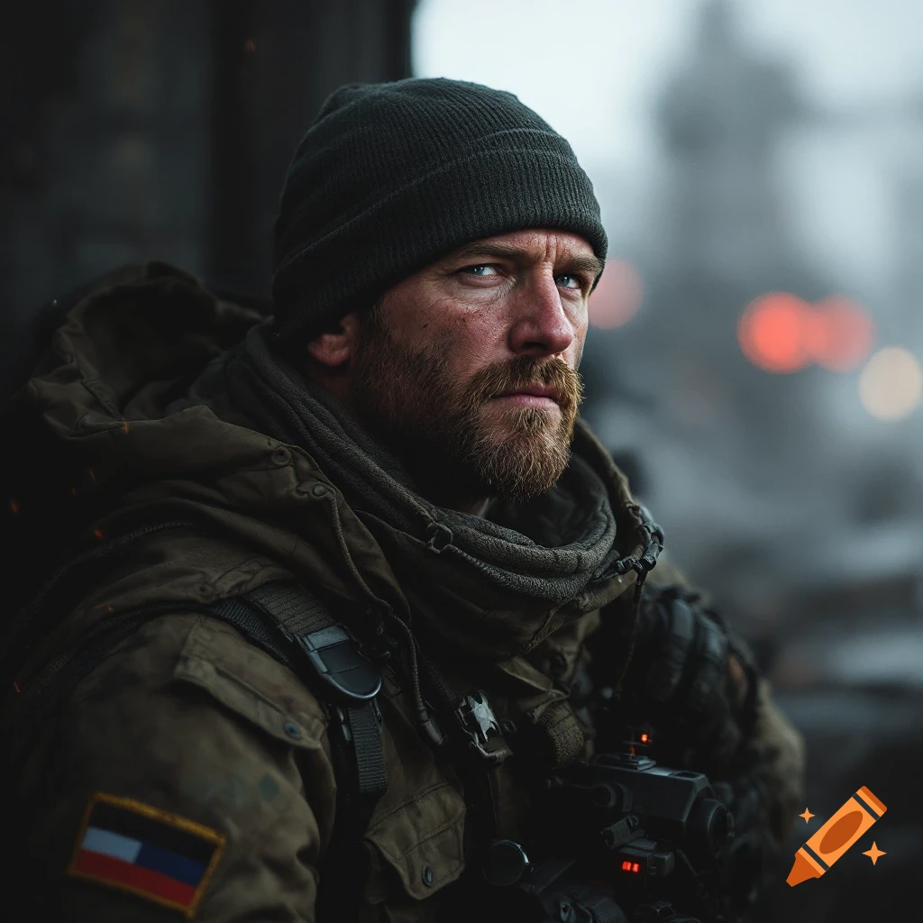 Close-up of a man in military gear and beanie looking intense.