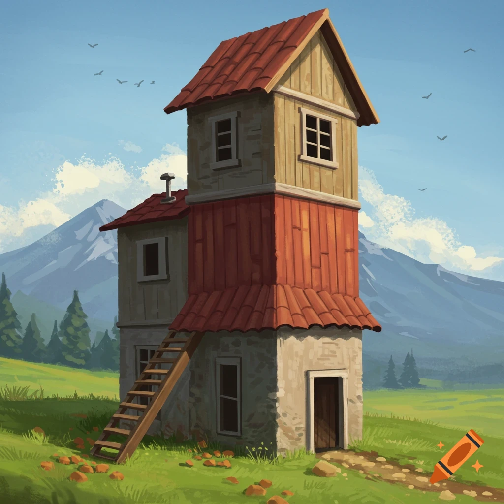 A tall, stacked house with a red roof stands in a grassy field with mountains in the distance.