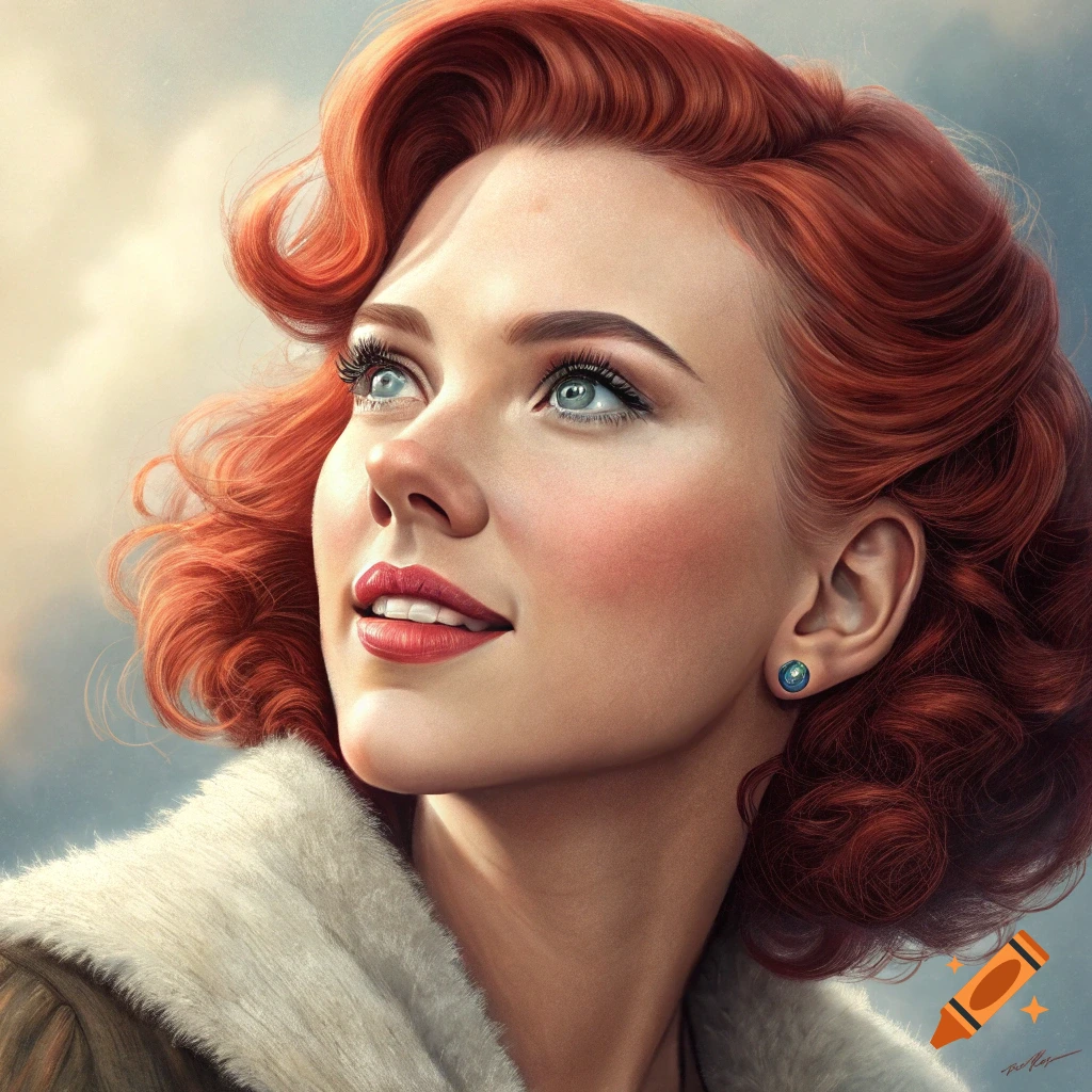 Realistic illustration portrait of a woman with red hair looking up while wearing a fur coat.