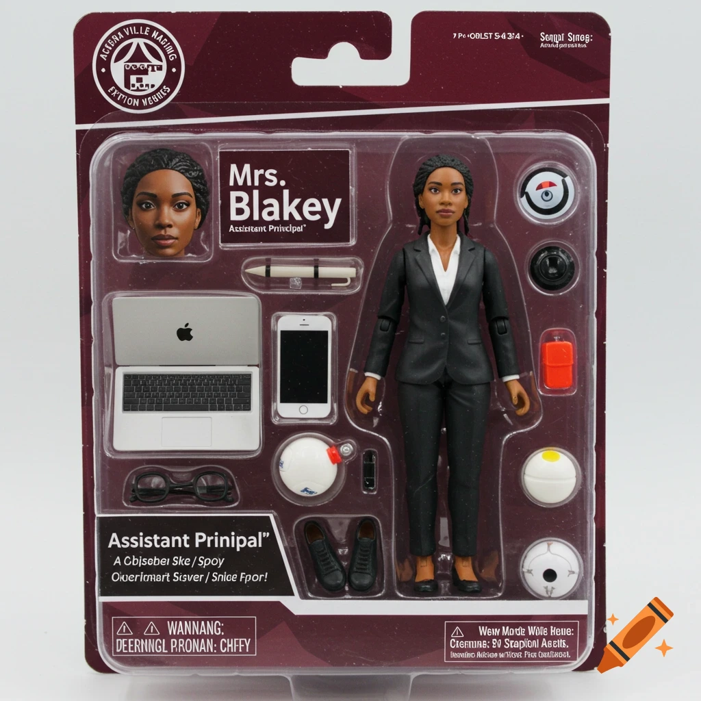 Action figure of Mrs. Blakey in plastic packaging with accessories like a laptop and phone