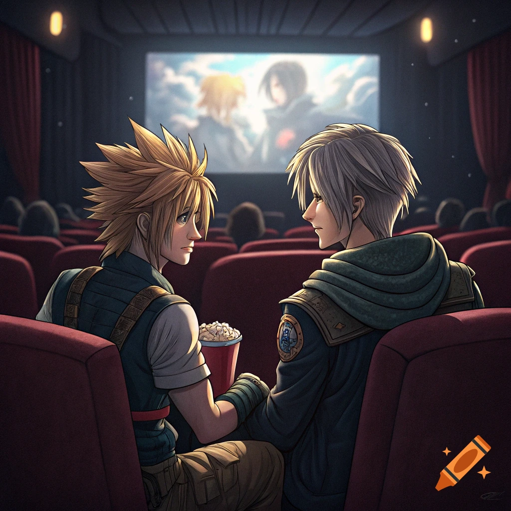 Two anime-style men holding hands while watching a movie in a theater.
