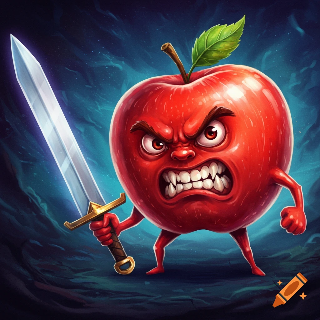 An angry cartoon red apple character holds a sword in a dark, stylized illustration.