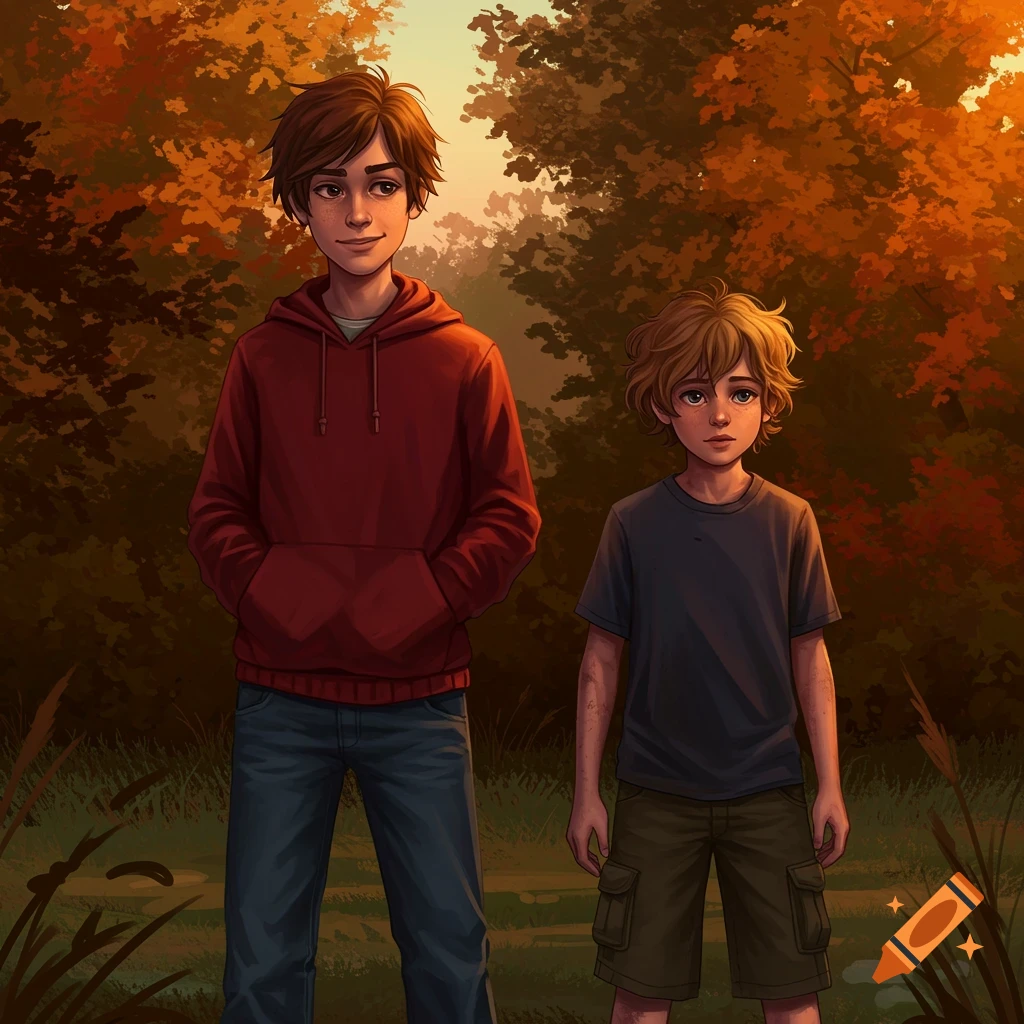 Two boys standing in a forest clearing with autumn foliage.