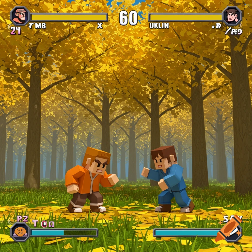 Screenshot from a 3D fighting game in PS2 style, showing blocky characters fighting in a forest with UI elements.